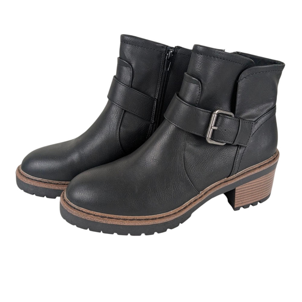 SM New York ~ Black Ankle Boots with Chunky Heel and Buckle Side Zip Sz 10 Women